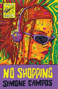 Capa com desenho de uma mulher branca ruiva com headfone, piercings, óculos escuros e muitos detalhes coloridos. Capa do livro No shopping edição comemorativa de 25 anos, de Simone Campos