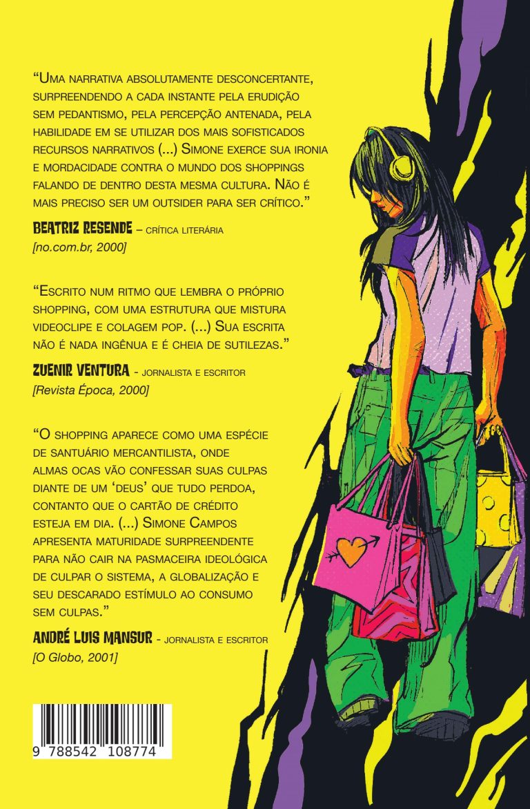 Quarta capa de No shopping, com jovem cheia de sacolas de compras e headfone, em trajes de virada do ano 2000, vista de costas